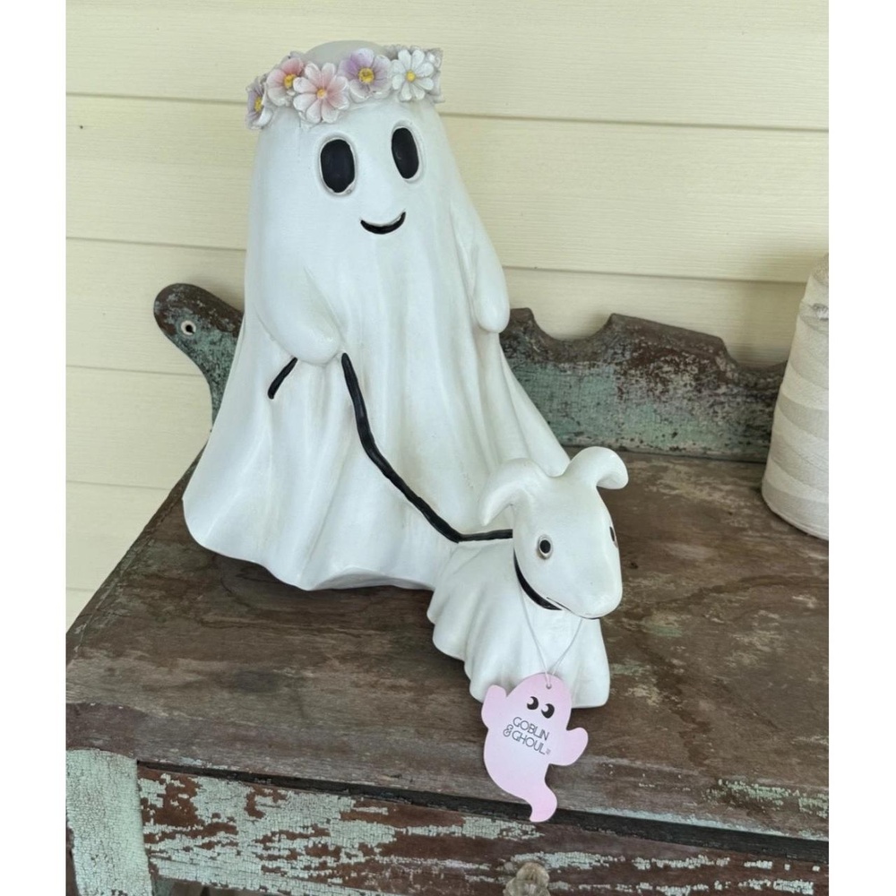 Halloween Ghost walking Dog Figurine 10 3/8 Inch Flower Crown Leash Spooky